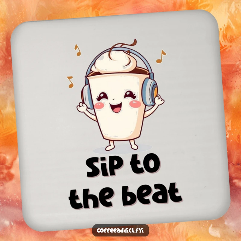 Funny coffee cup character wearing tiny headphones, grooving to music, depicted on a protective drink coaster.