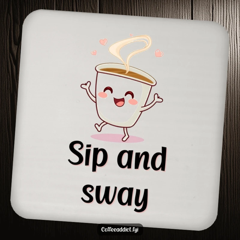 Funny Drink Coaster featuring a steaming coffee cup doing a happy jig, adding a playful and energetic touch to table surfaces.