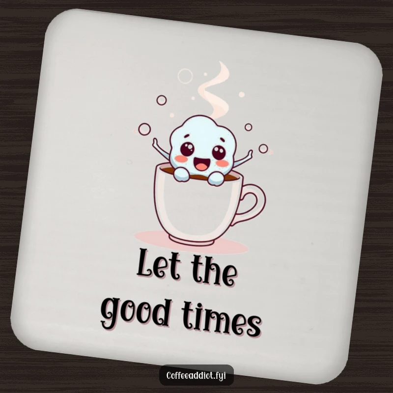 Funny Coffee Molecule Coaster depicting an excited character emerging from a coffee cup, offering humorous surface protection.