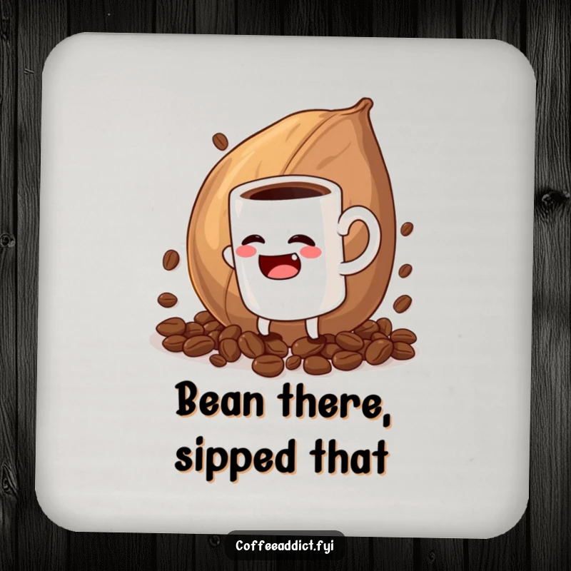 Funny drink coaster featuring a coffee mug character in a comical struggle with a large coffee bean, protecting surfaces.