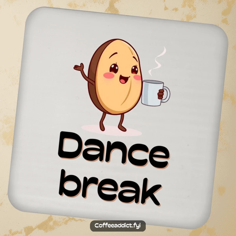 Funny dancing coffee bean coasters featuring a cheerful coffee bean grooving next to a steaming mug.