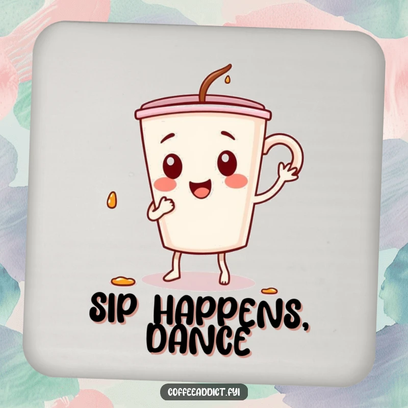 Funny drink coaster featuring a coffee cup character in a silly dance, spilling drops, adding a playful and energetic touch.
