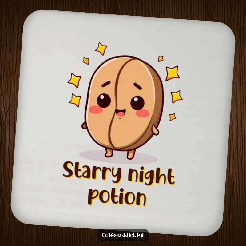 Funny drink coaster with a dazed coffee bean character surrounded by stars, providing stylish and humorous surface protection.