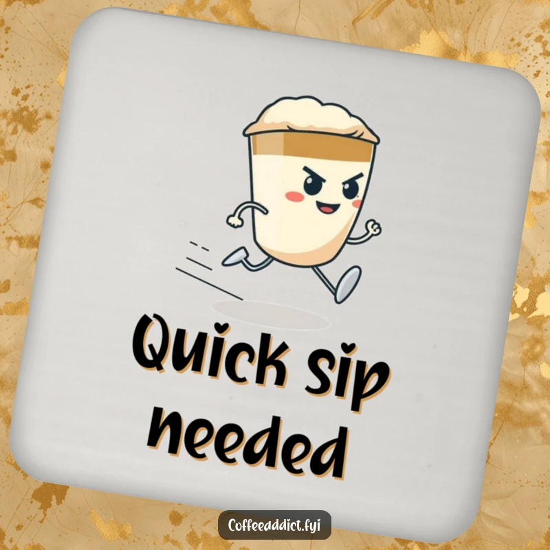 Funny determined espresso shot character with tiny legs running fast, on a protective drink coaster.