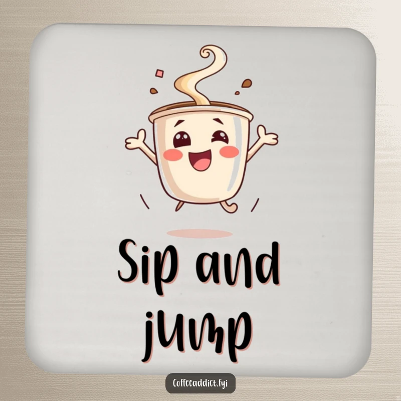 Funny excited coffee cup drink coasters, steam rising, jumping for joy. Fun and humorous coasters, ideal for adding cheer as a gift.