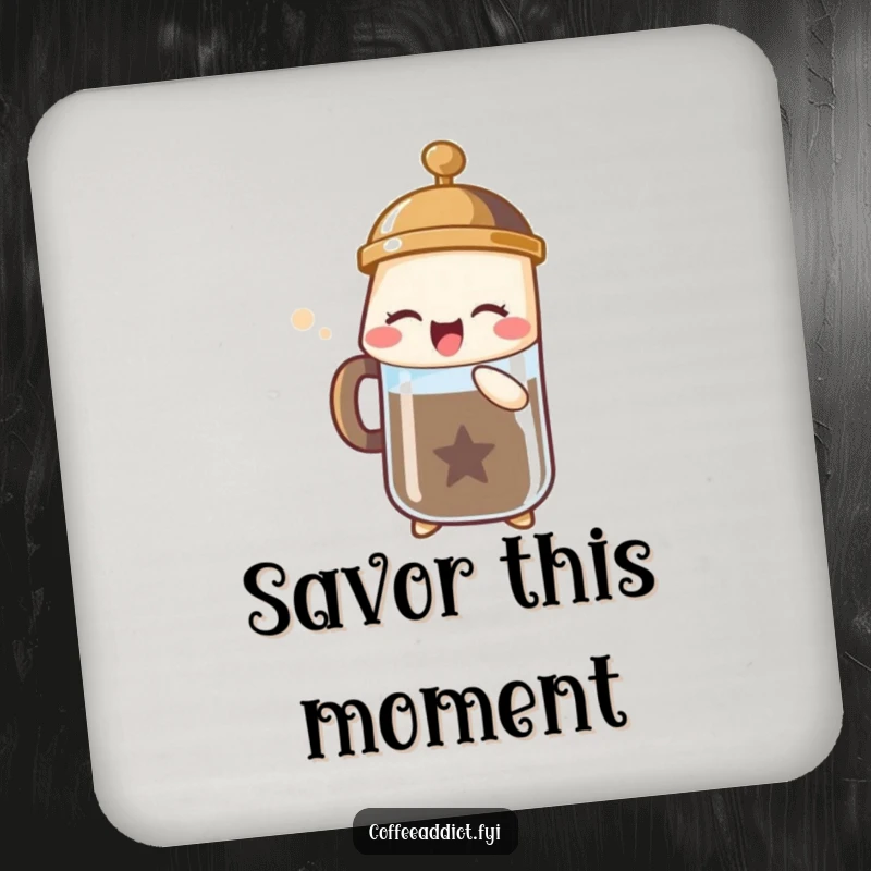 Funny coasters with a French press character sighing joyfully with bubbles, protecting surfaces with humor.