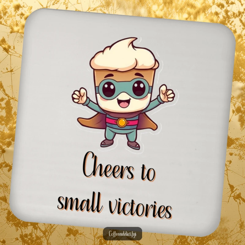 Funny heroic espresso shot drink coasters, striking a tiny pose. Fun and humorous coasters, ideal for adding courage as a gift.