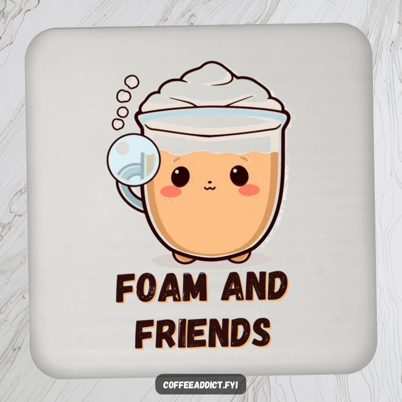 Funny Kawaii cappuccino drink coasters with a character blowing a playful bubble of foam, protecting surfaces with charm.