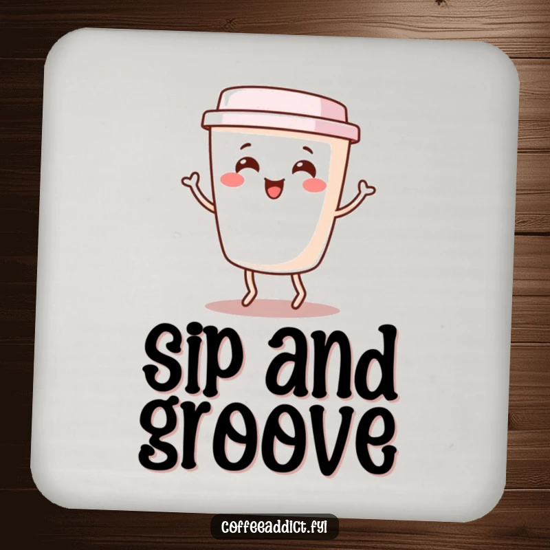Funny Kawaii Coffee Cup Coaster featuring a cute character doing a happy little jig, protecting surfaces with cheerful, humorous style.