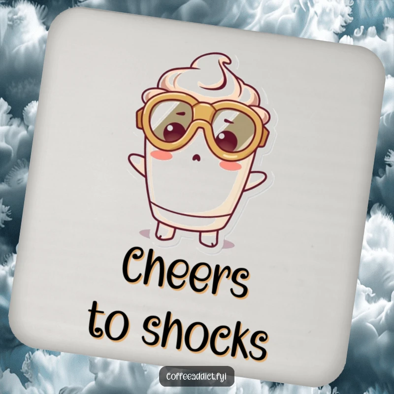 Funny coaster with a kawaii coffee cup character in big goggles, looking surprised, adding protective charm and humor.
