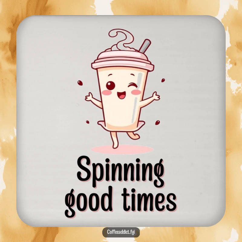 Funny Kawaii Coffee Stirrer Dancer Drink Coaster showing a tiny character joyfully twirling, protecting surfaces with humor.