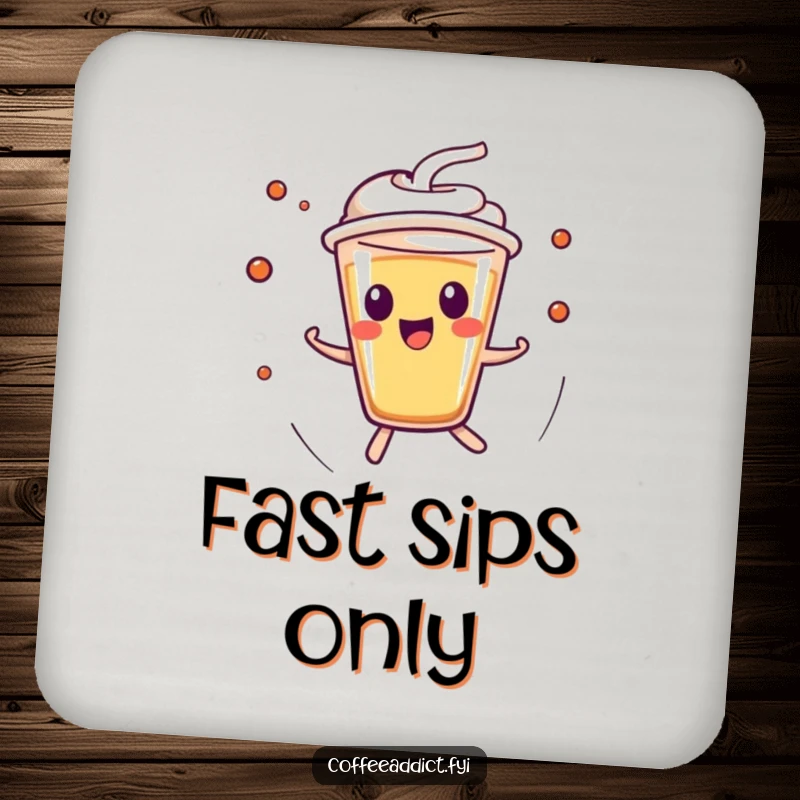 Funny Kawaii Espresso Shot Coaster featuring a character zipping around with high energy, adding a dynamic touch to table protection.