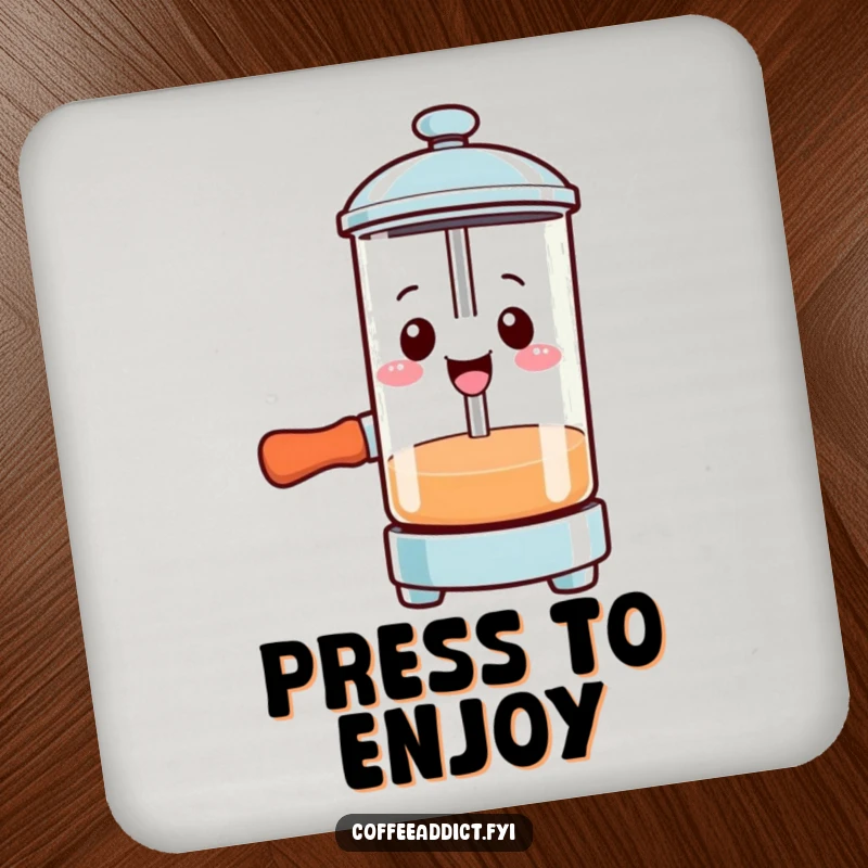 Funny Kawaii French press drink coasters with a smiling character pressing down with gusto, protecting surfaces.