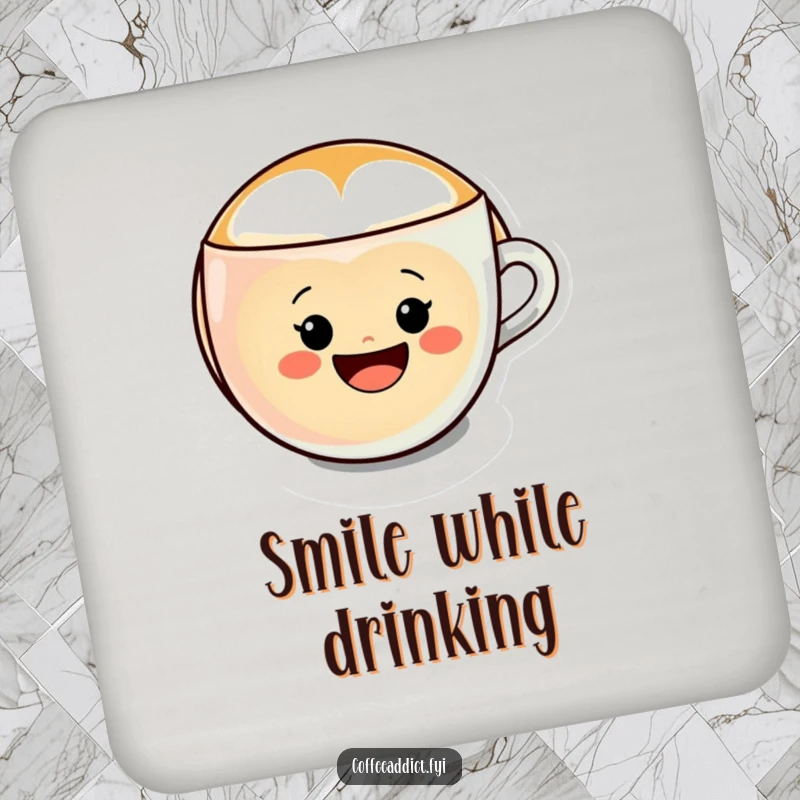 Funny Kawaii Latte Art Drink Coaster showing a character making a cheerful smiley face in a coffee cup, for surface protection.