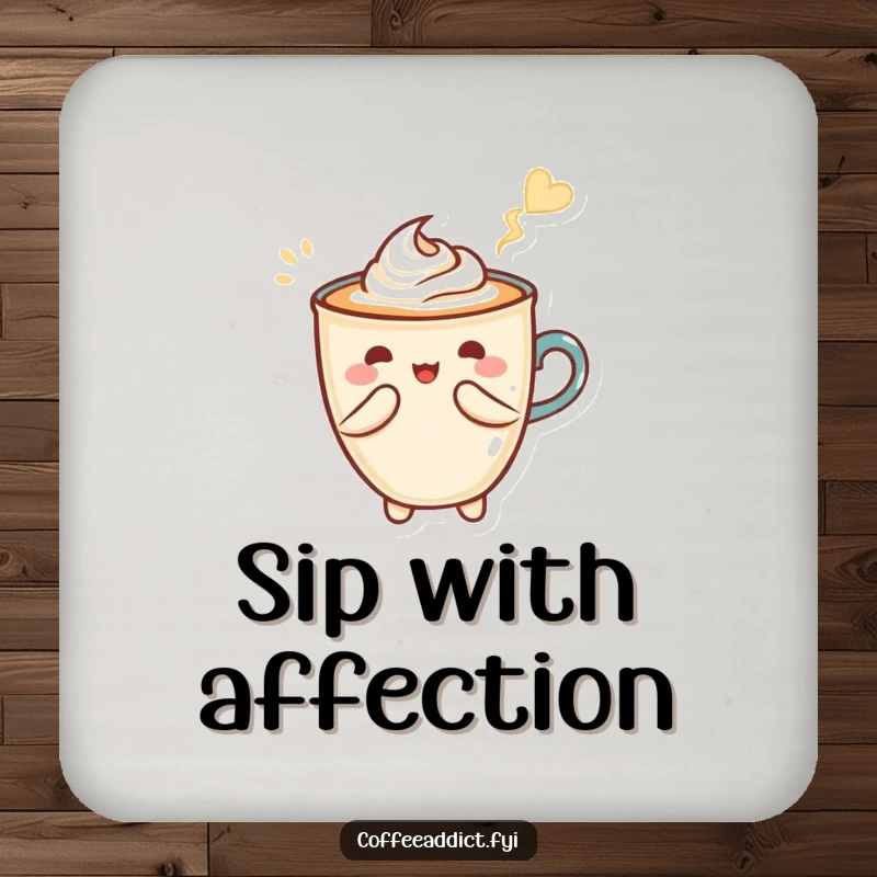 Funny drink coaster showcasing Kawaii latte art creating a heart shape with a flourish, perfect for coffee lovers.