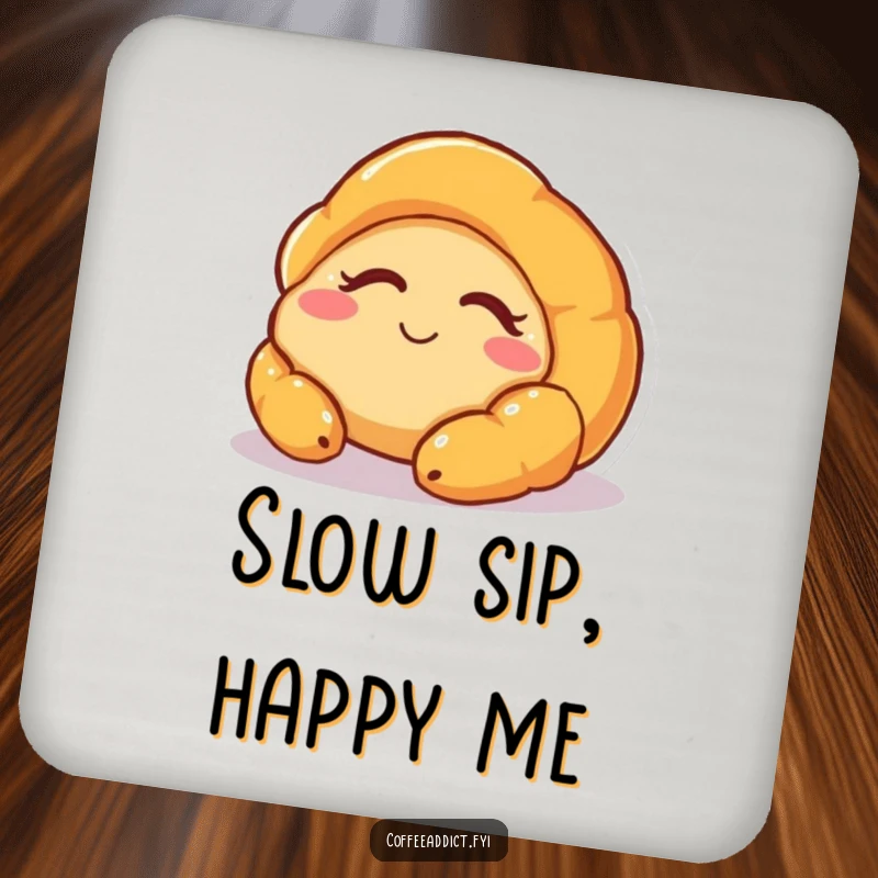 Funny drink coasters featuring a sleepy croissant character with a sweet smile, offering protection and gentle humor to coffee tables.