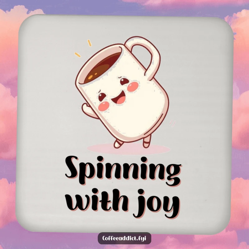 Funny drink coaster showcasing a coffee mug in a happy somersault, offering playful surface protection with energetic flair.