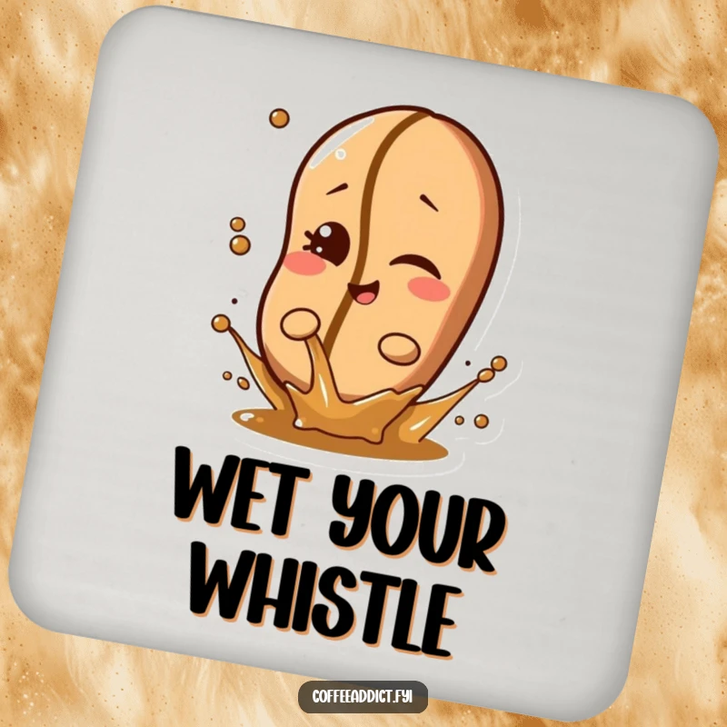 Funny coffee bean character winking playfully while splashing a small amount of liquid on a round drink coaster.