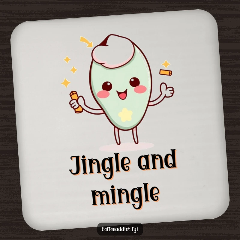 Funny Kawaii Coffee Spoon Drink Coaster showing a character giving a delighted flourish and a tiny jingle, for surface protection.