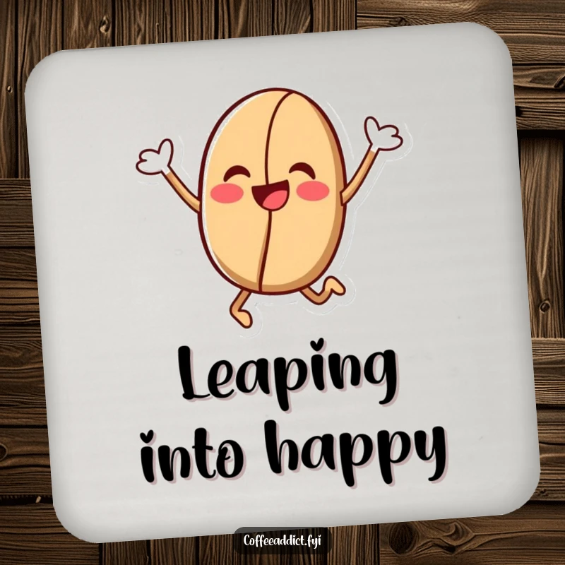 Funny Kawaii Coffee Bean Coasters: Set of coasters showcasing a coffee bean character in a jubilant leap, adding humorous energy to tables.