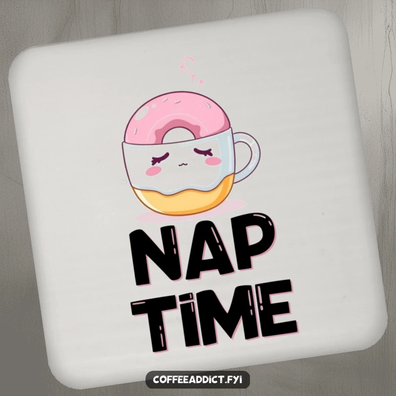 Funny donut drink coaster with a sleepy donut nudged by a steaming coffee mug, protecting surfaces cutely.