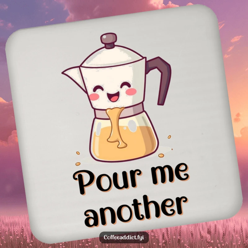 Funny kawaii coffee pot with a wide smile pouring a cascade of coffee, on a protective drink coaster.