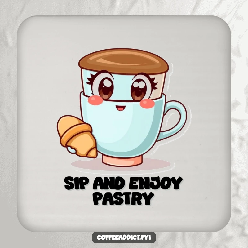 Funny Kawaii Coffee Cup Coaster: Happy coffee cup holding a croissant, a cheerful and practical table accessory.