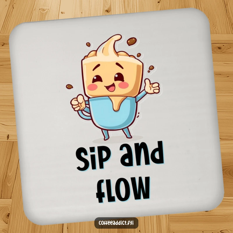 Funny coaster featuring an energetic coffee drip character in a bubbly pose, adding protective charm and playful humor.