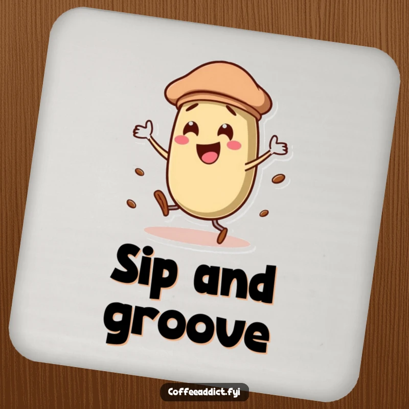 Funny coffee bean character in a beret, dancing with flair, looking chic and protective on a round drink coaster.