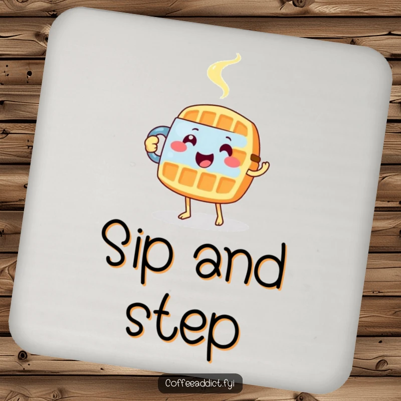 Funny drink coaster featuring a happy waffle carefully tiptoeing with a steaming mug.