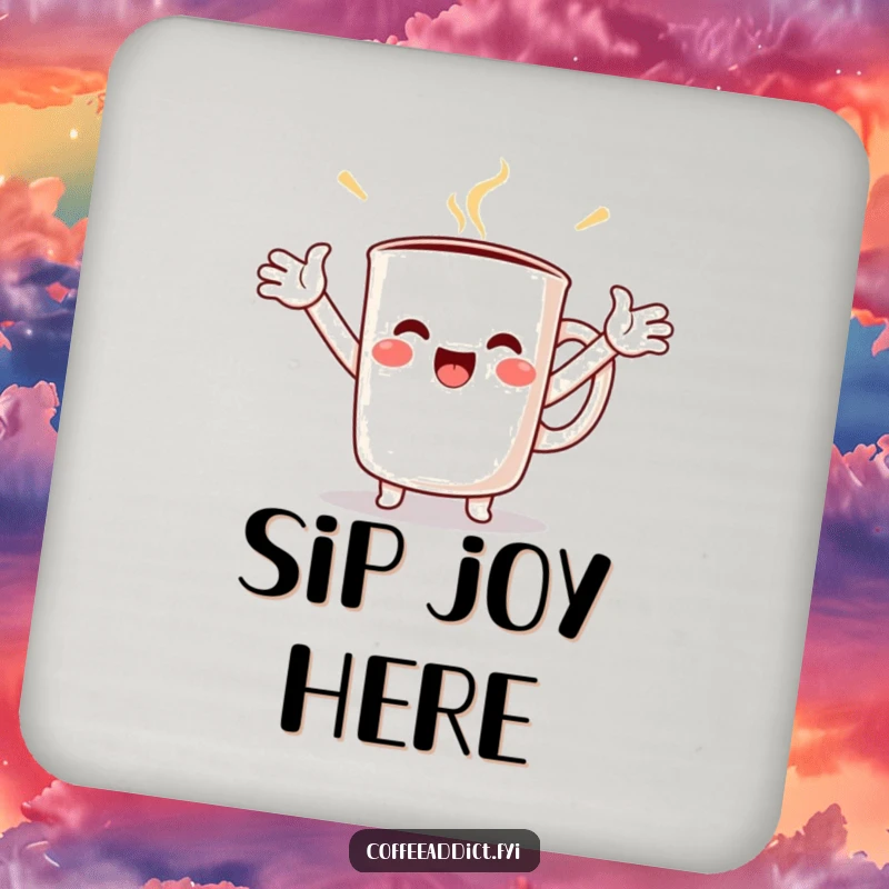 Funny Kawaii Coffee Mug Coaster featuring a character overflowing with joy, protecting your table with a cheerful, graphic design.