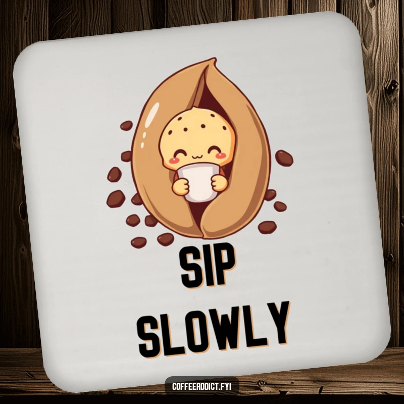 Funny shy muffin coasters featuring a muffin peeking from behind a giant coffee bean, holding a tiny cup.