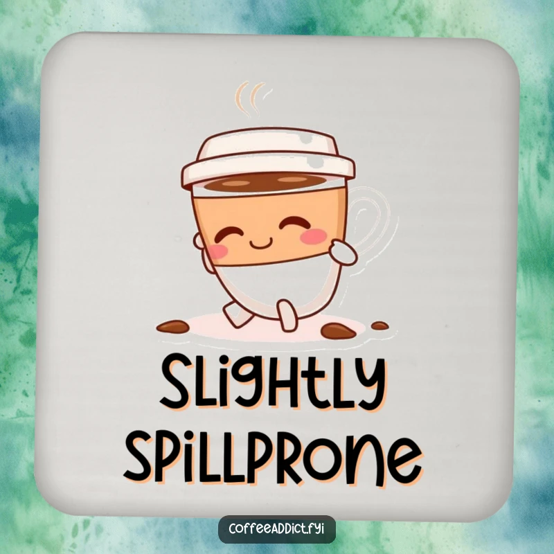 Funny coffee cup character tripping slightly, smiling and dusting itself off with a positive vibe on a round drink coaster.