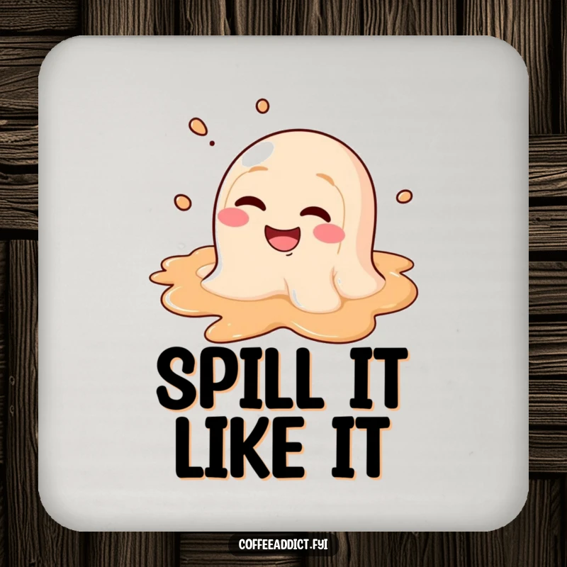 Funny drink coaster with a coffee puddle character melting with a goofy grin, protecting surfaces with humor.