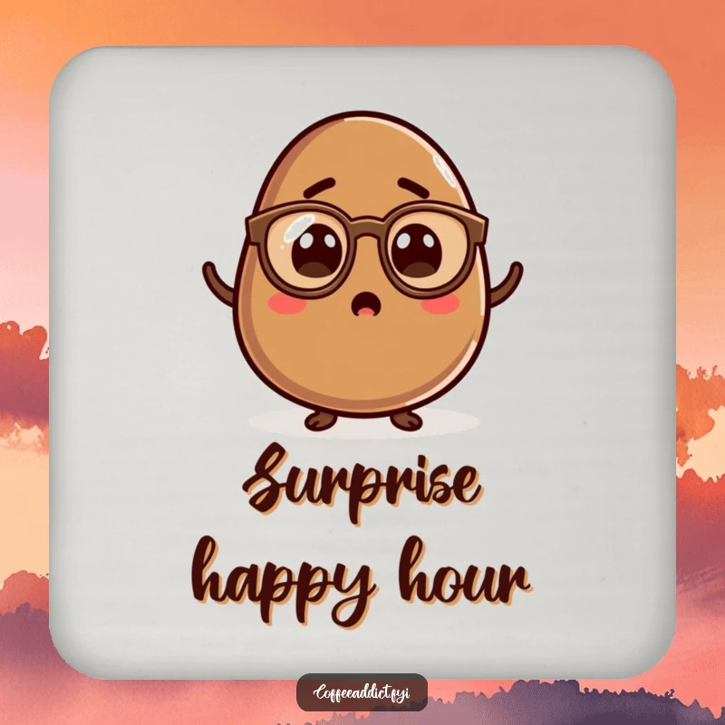 Funny Kawaii Coffee Bean Coaster featuring a surprised character in spectacles, adding a touch of whimsical protection to surfaces.