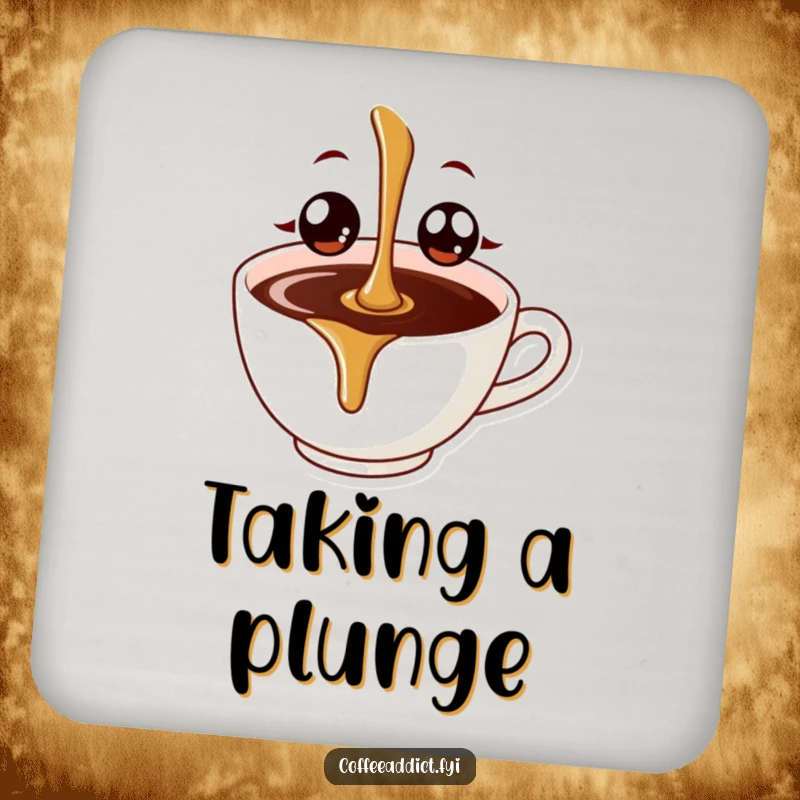 Funny coffee drip character with enthusiastic eyes, humorously depicted on coasters to protect furniture from spills.
