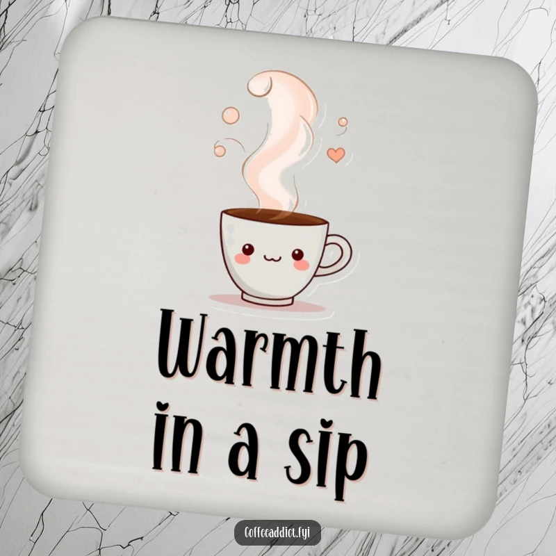 Funny coaster with a coffee cup character peeking from steam, adding protective charm and a playful sense of mystery.