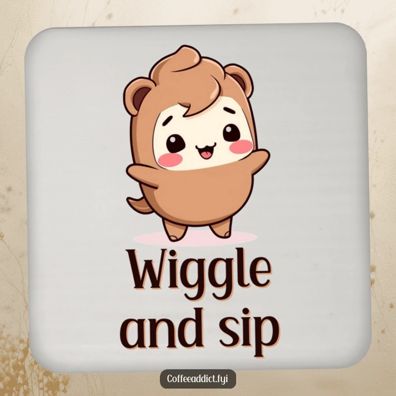 Funny Kawaii mocha drink coasters featuring a giggling character doing a joyful wiggle, protecting surfaces with style.