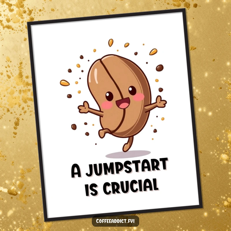 Funny Kawaii Coffee Bean Poster: Energetic coffee bean performing a somersault with sprinkles, a humorous design for wall decor.