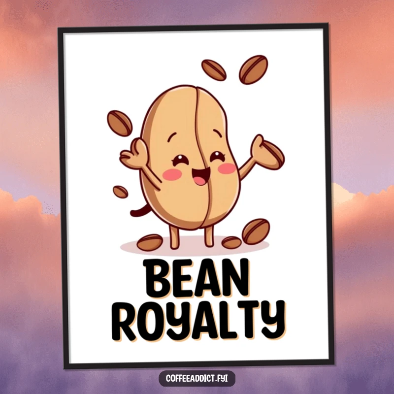 Funny poster art of a skilled coffee bean masterfully juggling miniature beans, bringing playful energy and visual delight to any wall.