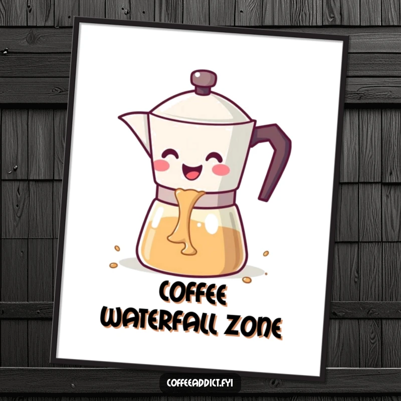 Funny kawaii coffee pot with a wide smile pouring a cascade of coffee, as charming wall art.