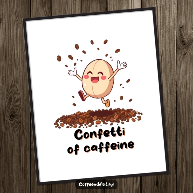 Funny Coffee Bean Joy Poster: An art print of a coffee bean character mid-air, joyfully scattering grounds like confetti.