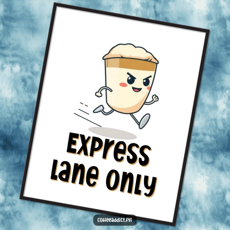 Funny determined espresso shot character with tiny legs running at top speed, as energetic wall art.