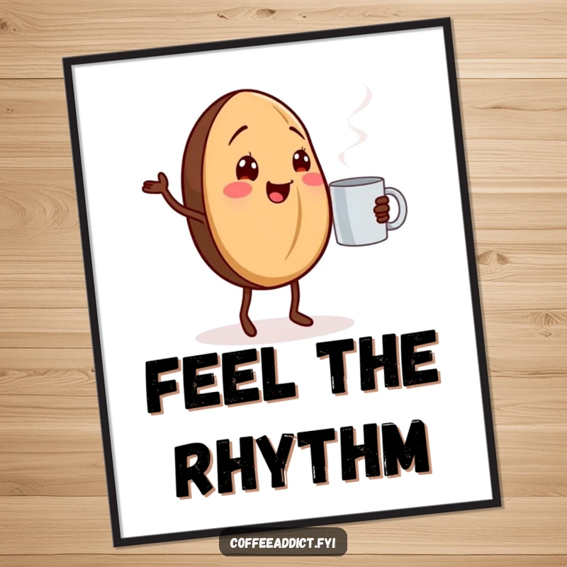 Funny dancing coffee bean poster showing a cheerful coffee bean grooving next to a steaming mug.