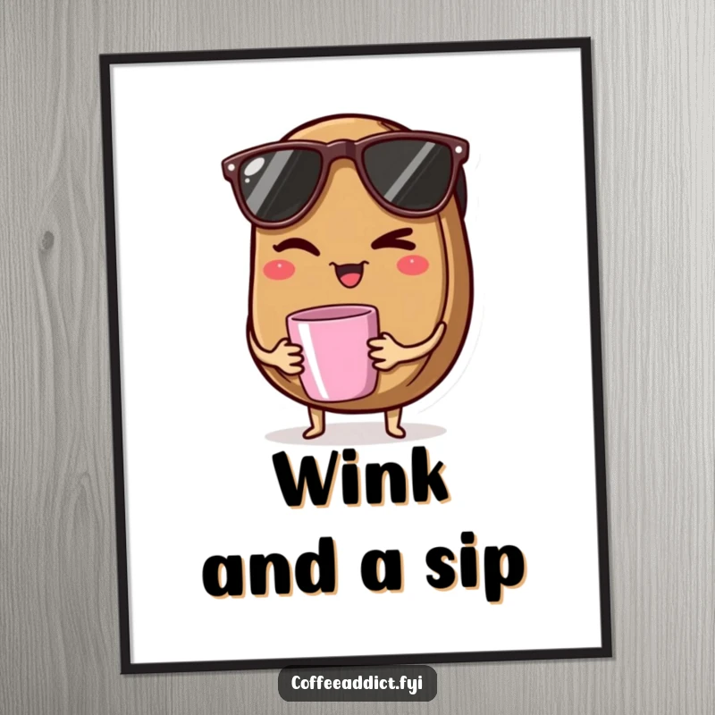 Funny poster featuring a coffee bean with sunglasses, winking charmingly while holding a tiny coffee mug.