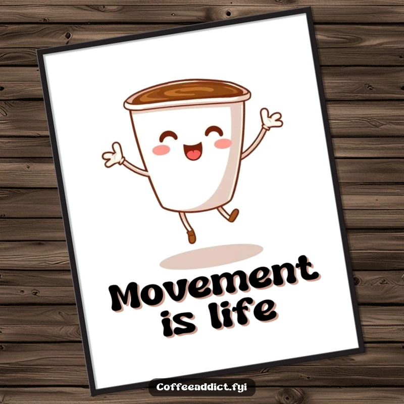 Funny poster featuring a coffee cup character with tiny legs mid-dance, full of energy and excitement, bringing vibrant humor to any wall.