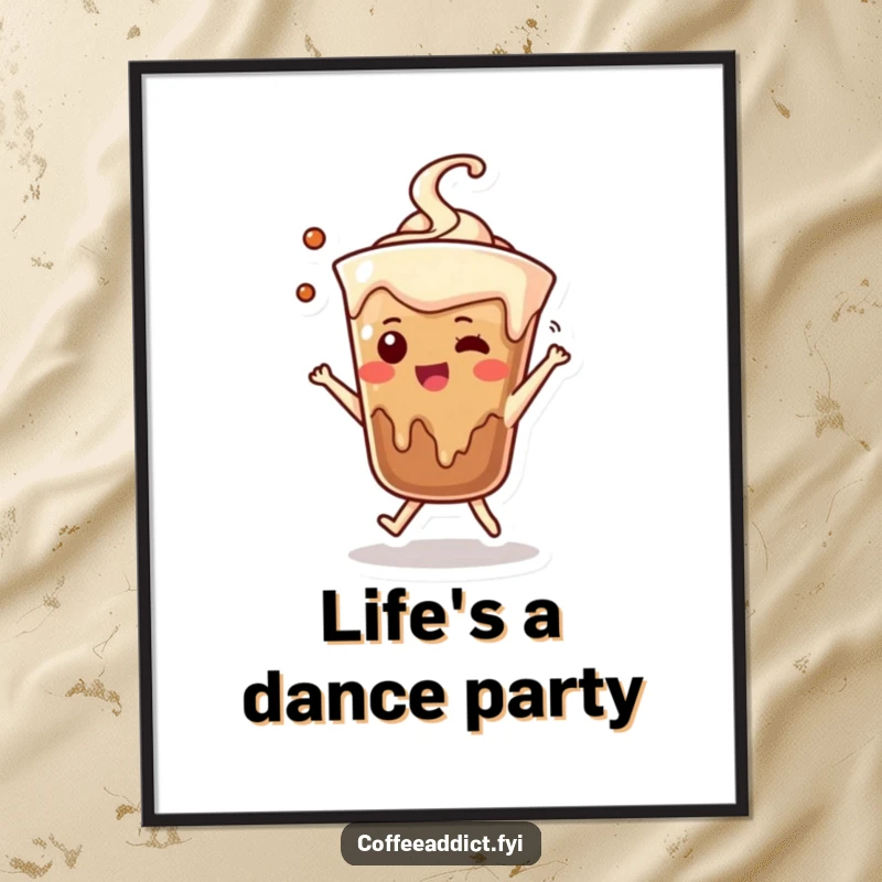 Funny poster showcasing a coffee drip character in an adorable dancing pose, bringing vibrant energy.
