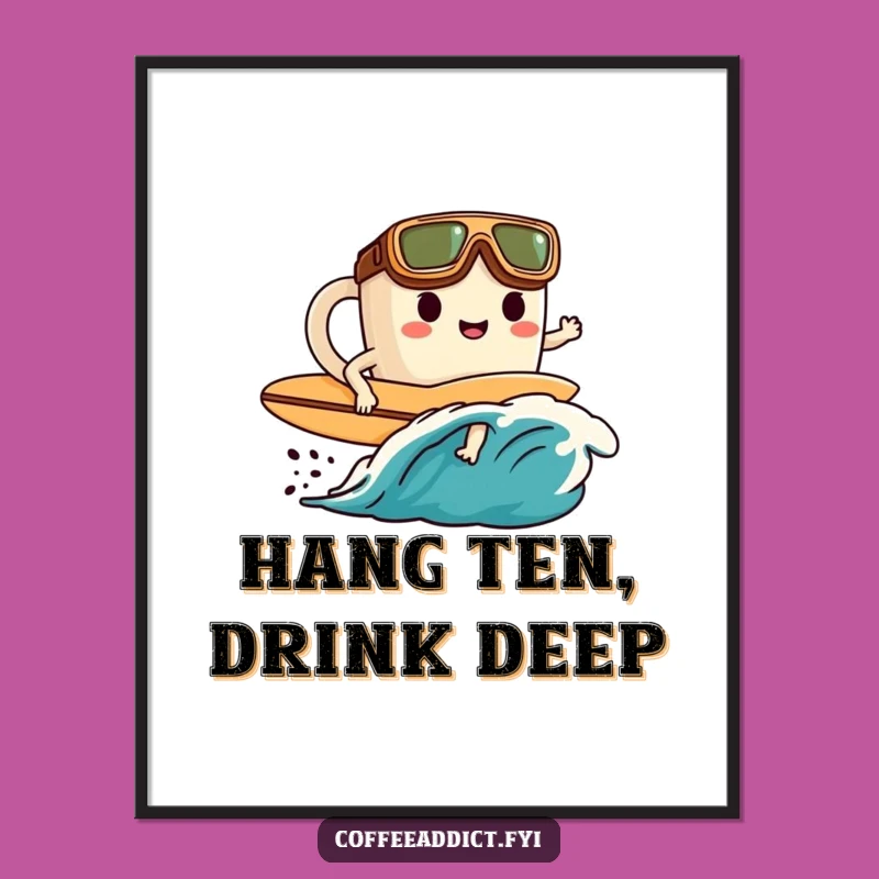 Funny Coffee Surfer Poster: Goggled Character Riding Coffee Wave Art