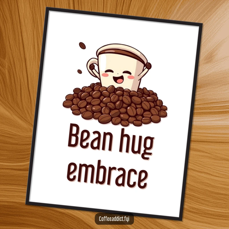 Funny Poster: Coffee cup character dramatically faceplanting into a pile of coffee beans, depicting comical exhaustion and coffee-themed humor.