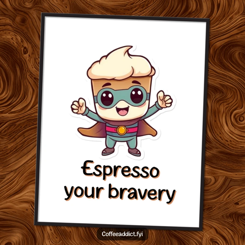 Funny heroic espresso shot poster, striking a tiny pose. Bold and humorous wall art for inspiring courage, a great funny gift.